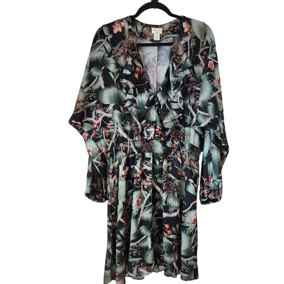 Joanna Ortiz X H&M Tropical Floral Long Sleeve Mini Dress Green Women's XL - Picture 2 of 8